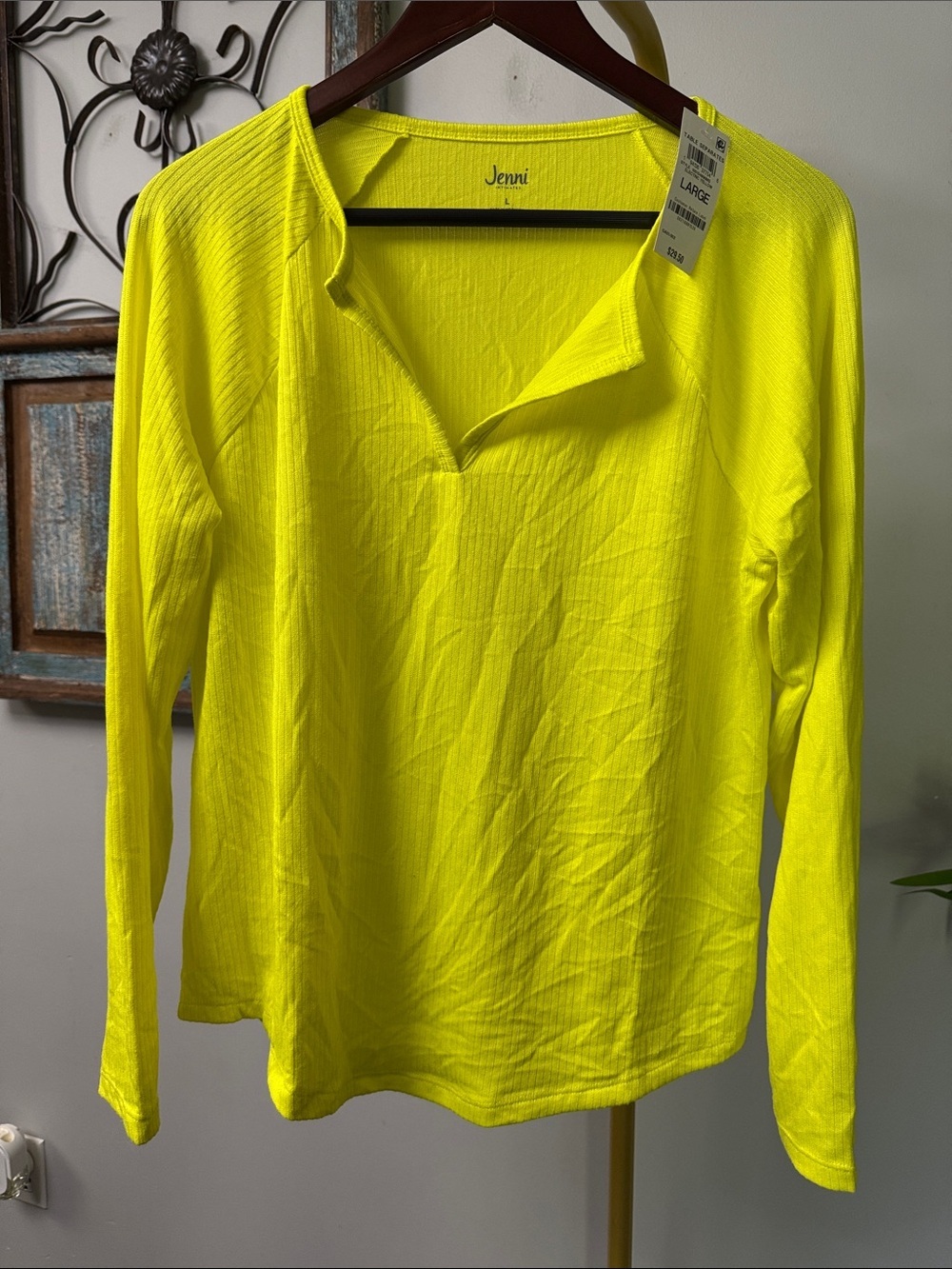 Jenni Neon Yellow Long Sleeve V-Neck sleep night shirt Top NWT L